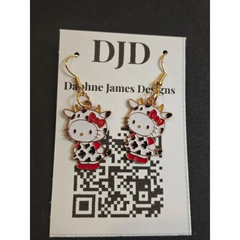 Handmade Hello Kitty Cow Print Dangle Earrings | Leopard Bow Earrings